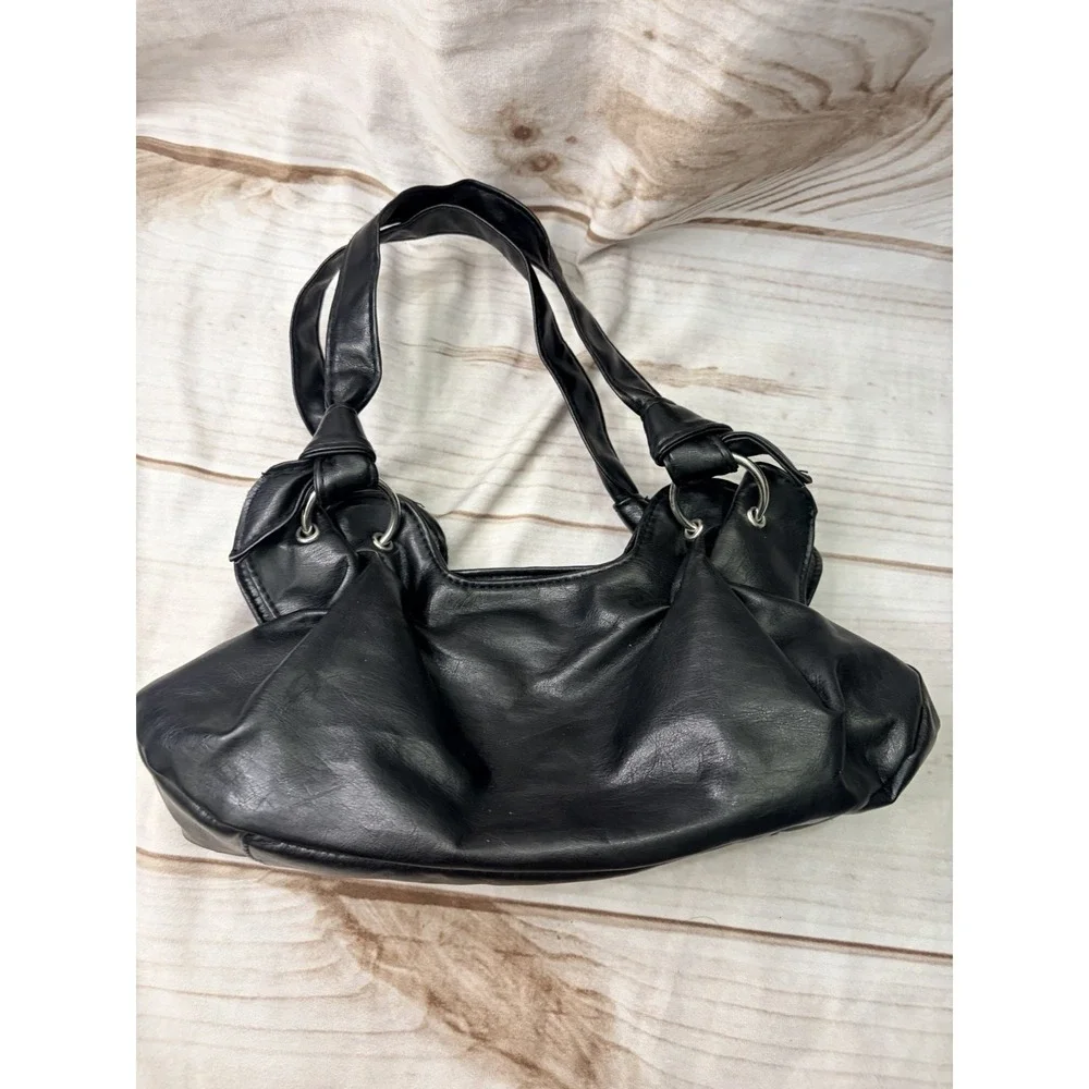Y2K Black Slouch Mini Hobo Shoulder Bag Knot Strap Soft Faux Leather Purse